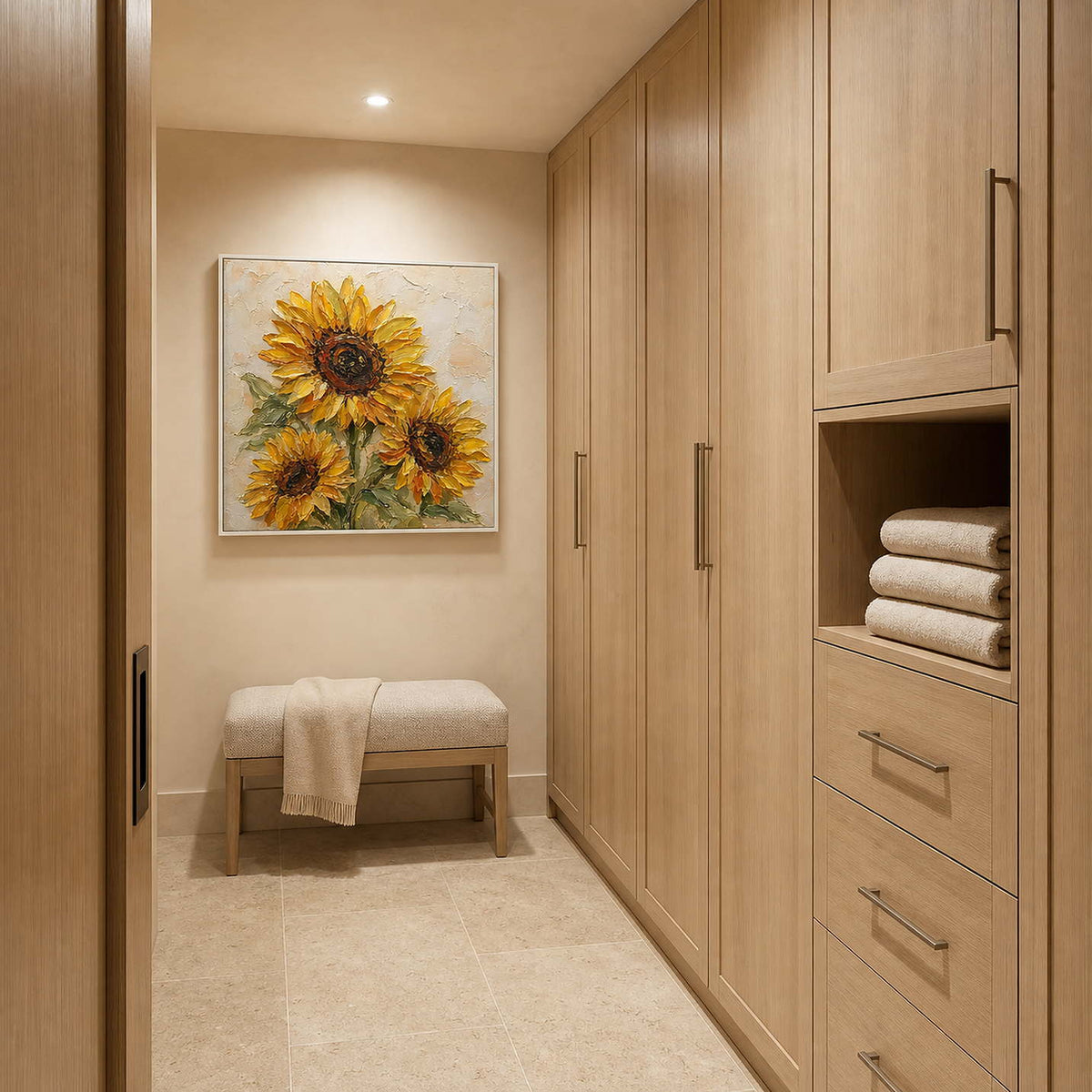 Textured Sunflower Wall Art displayed in a refined bathroom.
