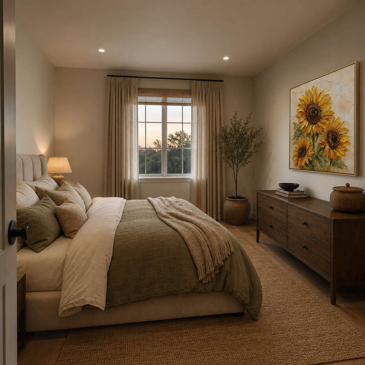 Textured Sunflower Wall Art displayed in a refined bedroom.