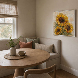 Textured Sunflower Wall Art displayed in a refined dining room.