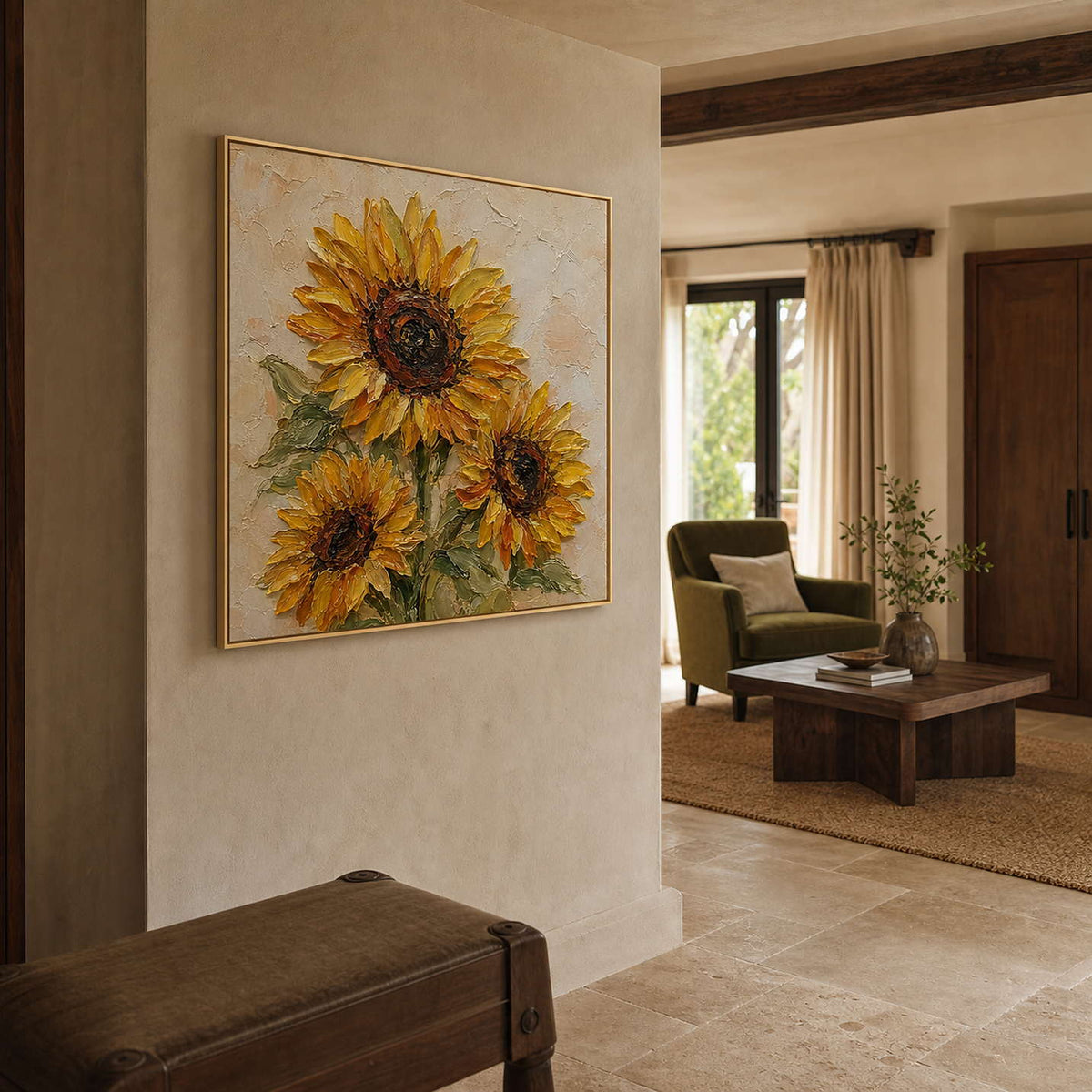 Textured Sunflower Wall Art displayed in a refined hospitality.