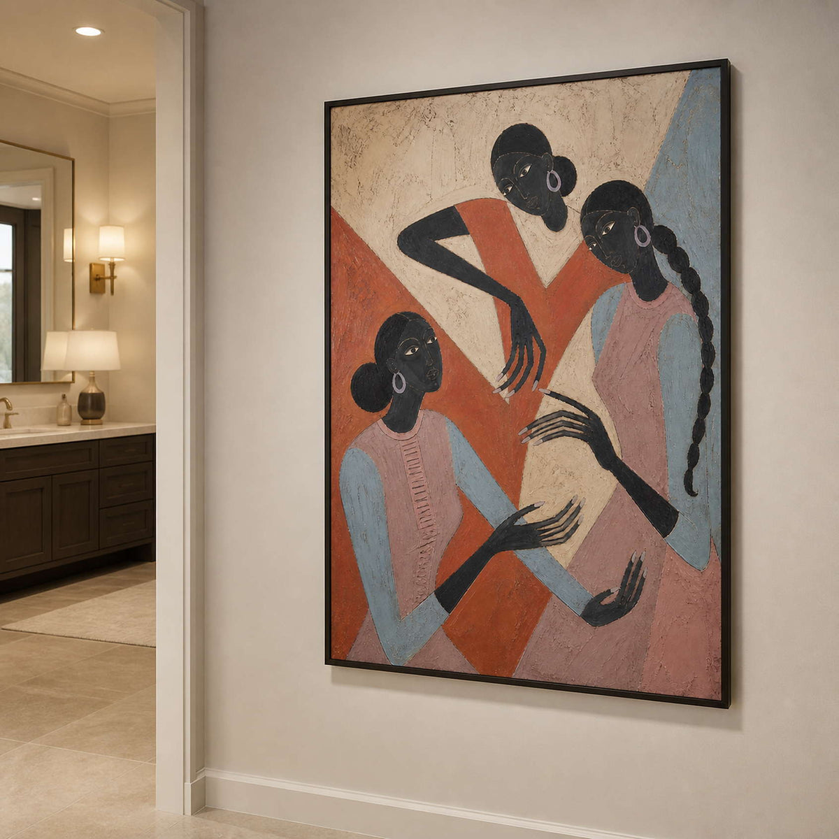 Modern figurative canvas shown in a warm neutral bathroom.