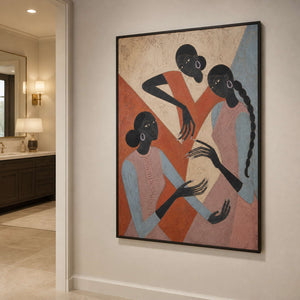 Modern figurative canvas shown in a warm neutral bathroom.