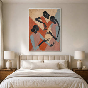Warm figurative artwork creating connection above a neutral bedroom.