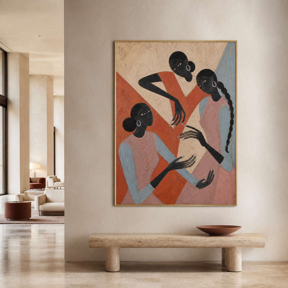 Vertical figurative canvas bringing quiet color to a hotel lobby.