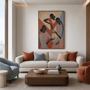 Warm textured figurative wall art styled in a modern living room.