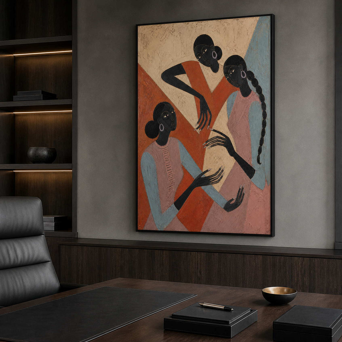 Textured three-figure wall art displayed in a dark modern office.