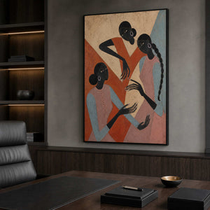 Textured three-figure wall art displayed in a dark modern office.