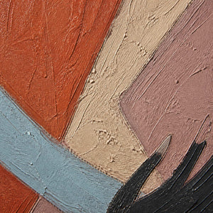 Close-up of terracotta, blush, blue, and black painted texture.