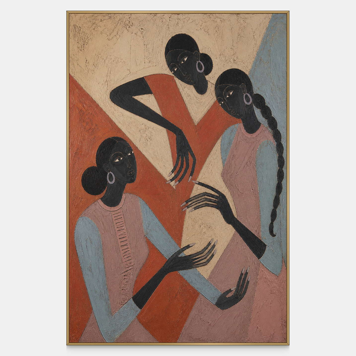 Three stylized figures in terracotta, blush, blue, and deep black.
