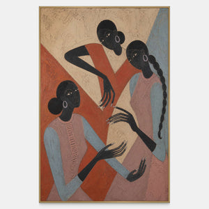 Three stylized figures in terracotta, blush, blue, and deep black.