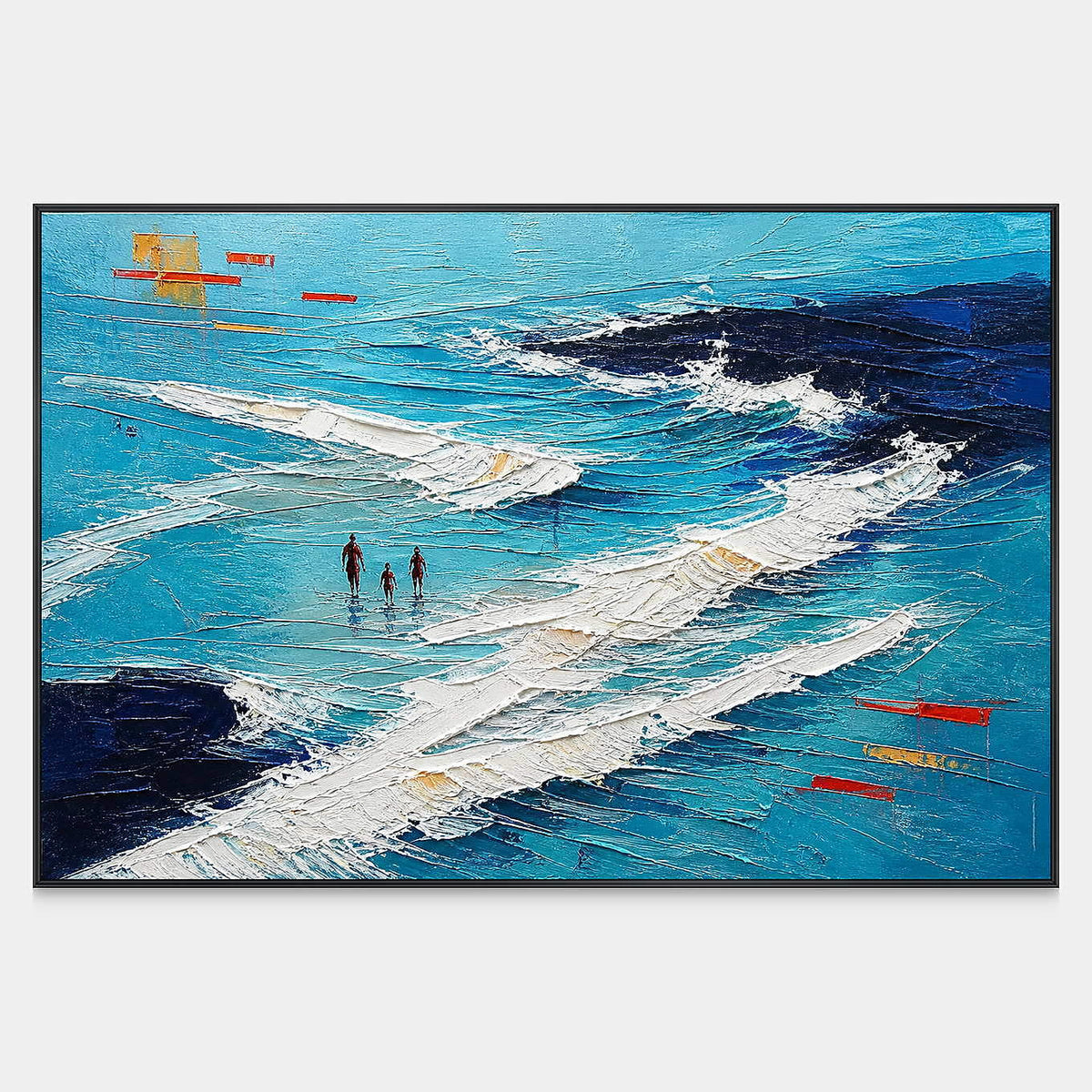 Hand-painted coastal wall art with three figures among turquoise, cobalt, navy, and white surf.