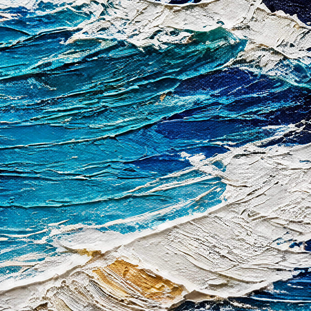 Close-up of layered turquoise, cobalt, navy, and white palette-knife surf texture.