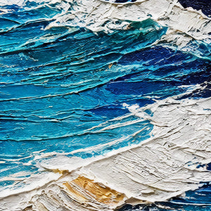 Close-up of layered turquoise, cobalt, navy, and white palette-knife surf texture.