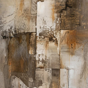 Close-up of weathered brown, taupe, and cream layers with scraped marks and softened brushwork.