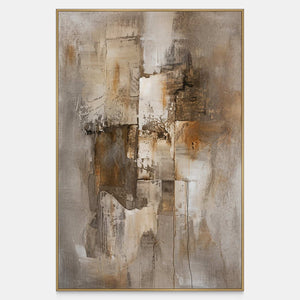 Vertical abstract wall art with a pale center emerging through brown, taupe, and charcoal layers.