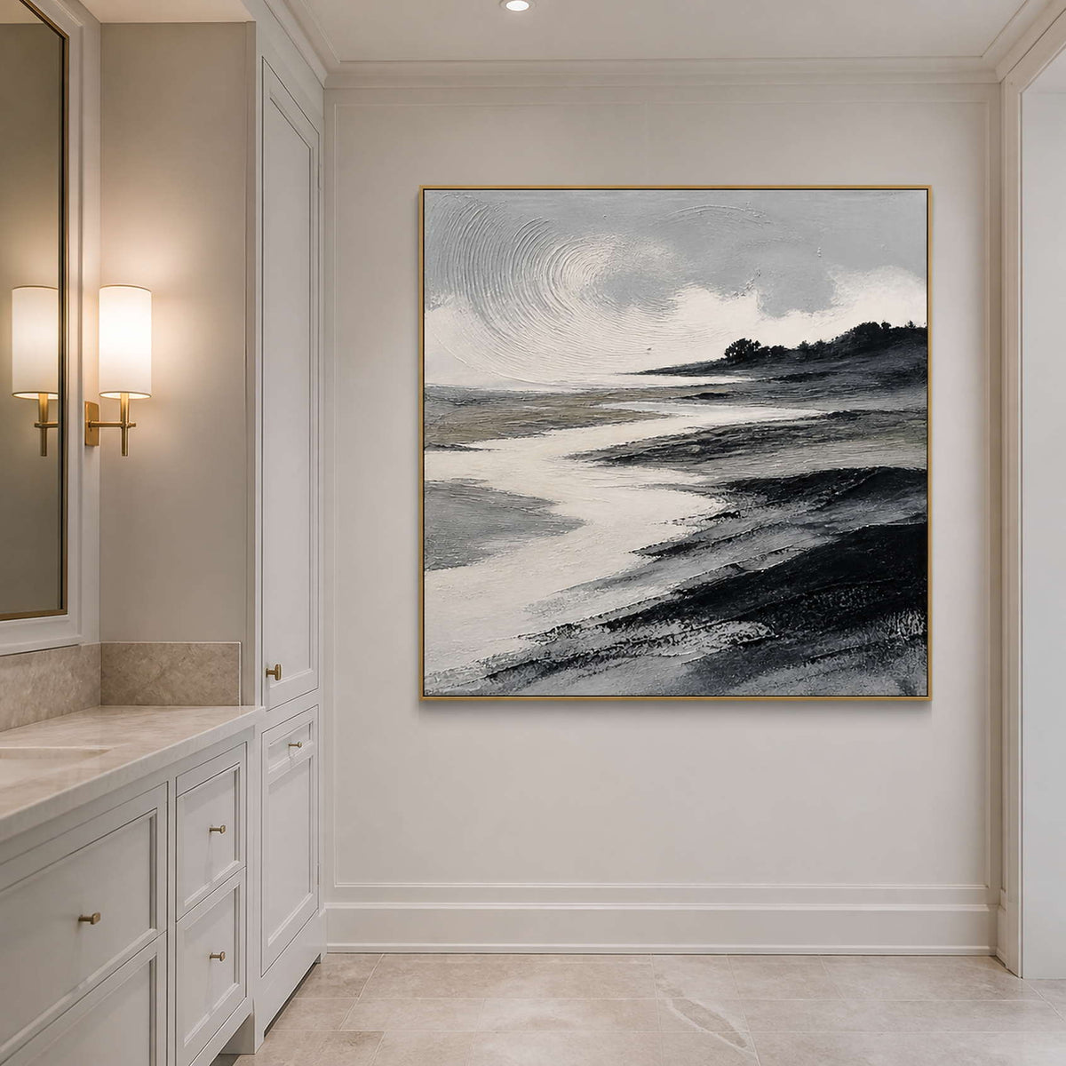 Square black and ivory seascape wall art in a bathroom with a gold frame.