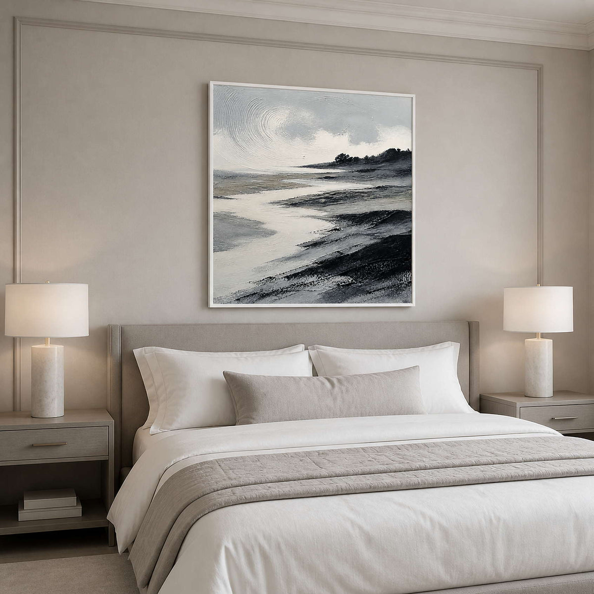 Calming monochrome seascape wall art above a serene bedroom with a white frame.