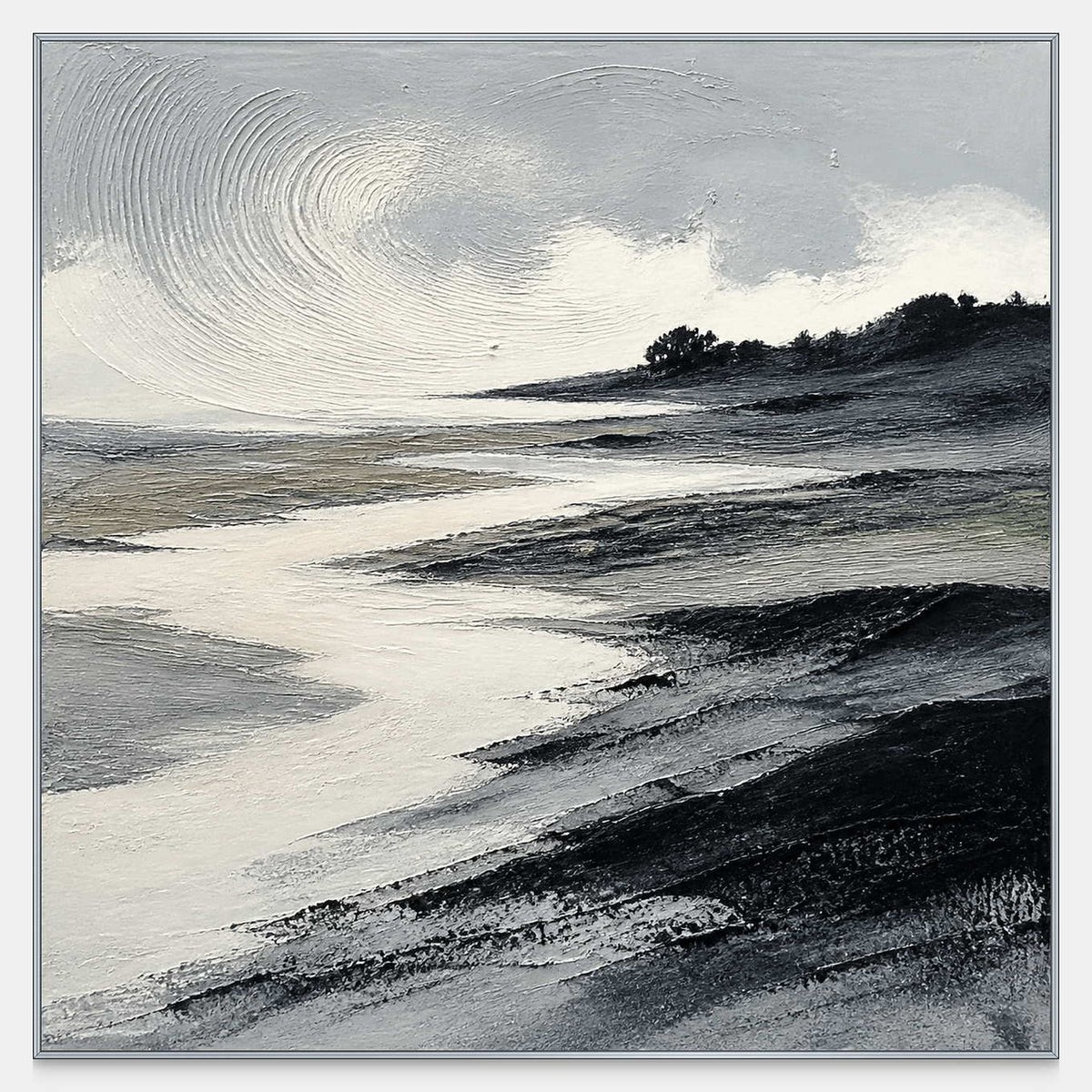 Hand-painted coastal wall art with black shores, ivory water, and silver sky.