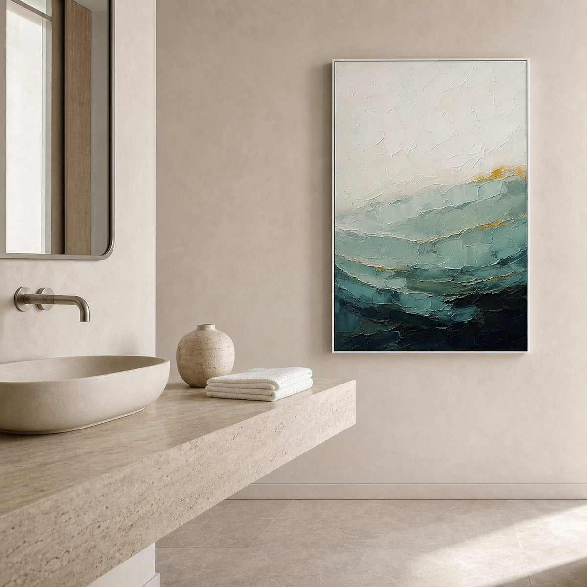 Textured Coastal Wall Art displayed in a refined bathroom.