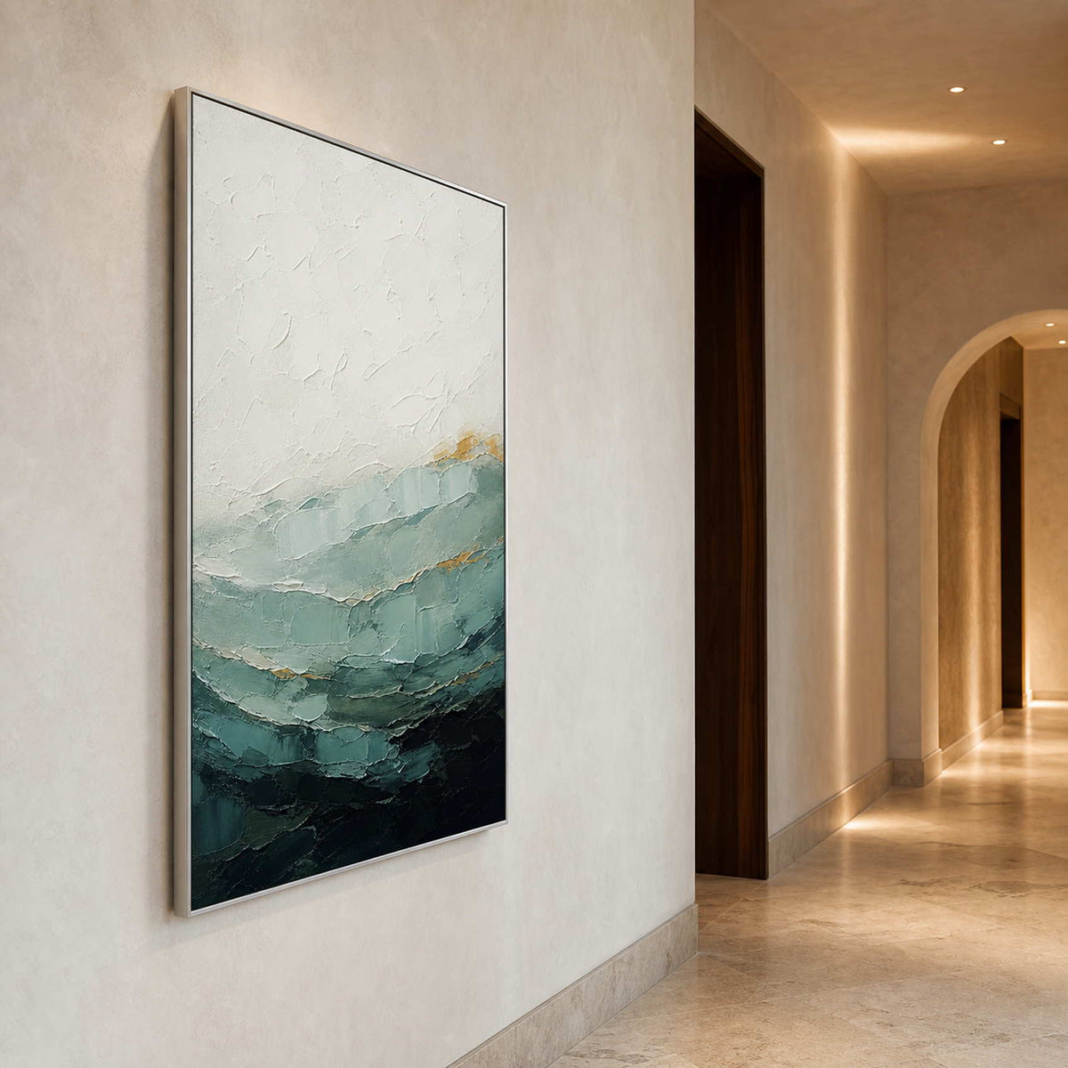 Textured Coastal Wall Art displayed in a refined hospitality lounge.