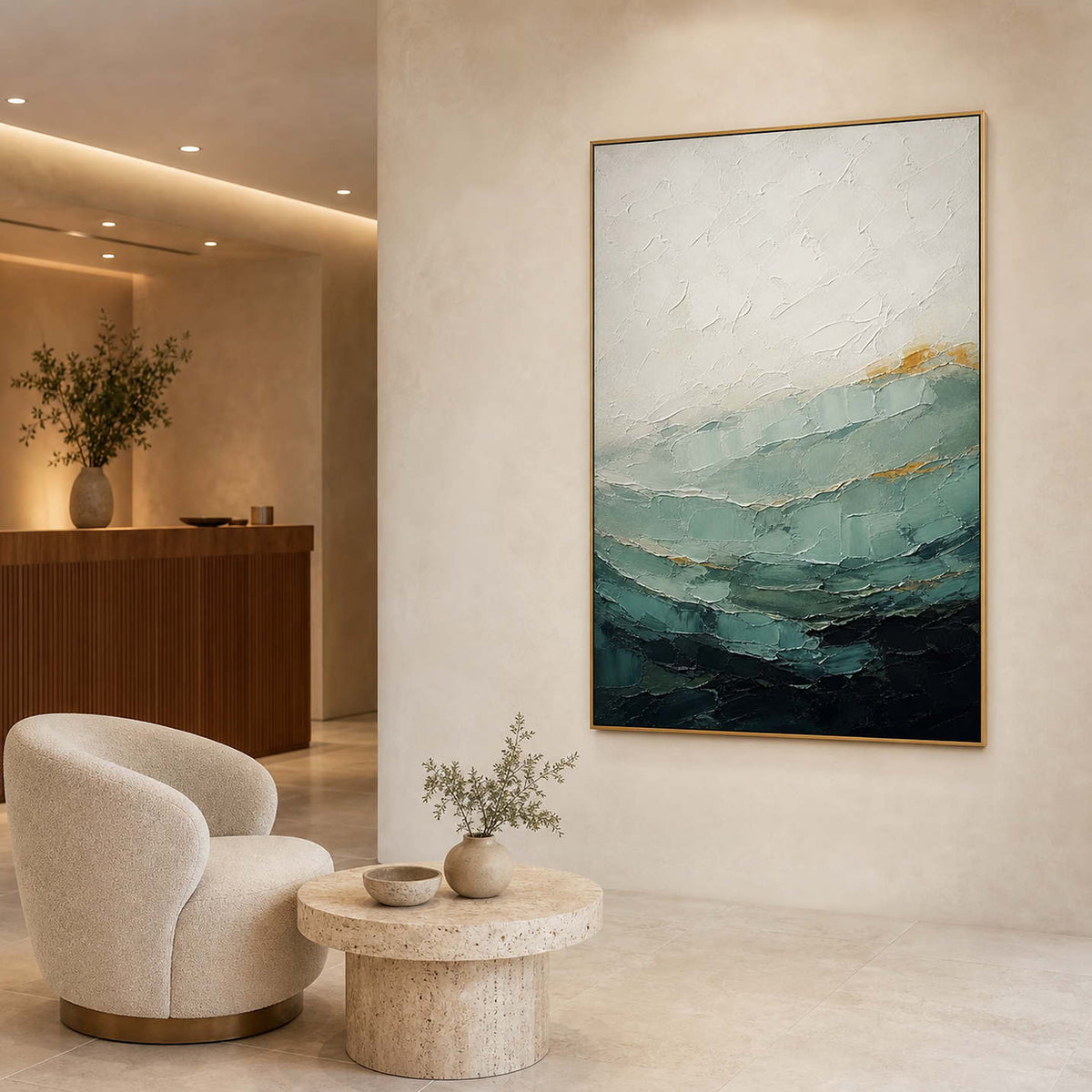 Textured Coastal Wall Art displayed in a refined spa reception.