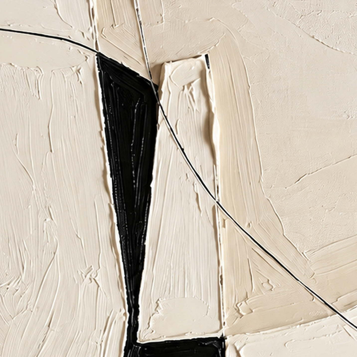 Close view of a thin black curve crossing raised ivory paint and a dark wedge.