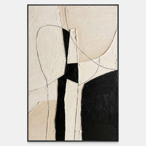 Vertical ivory and black abstract painting with a fine curved line and raised texture.