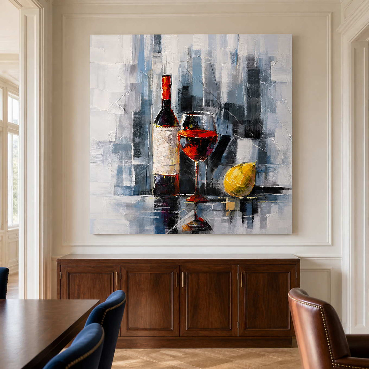 Frameless wine and lemon still life above a walnut sideboard in a dining room.