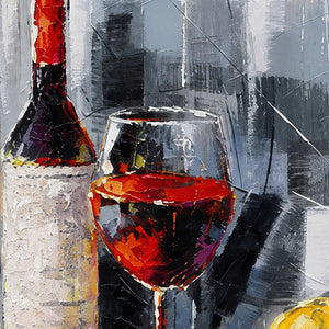 Close view of raised red wine strokes and scraped gray background texture.