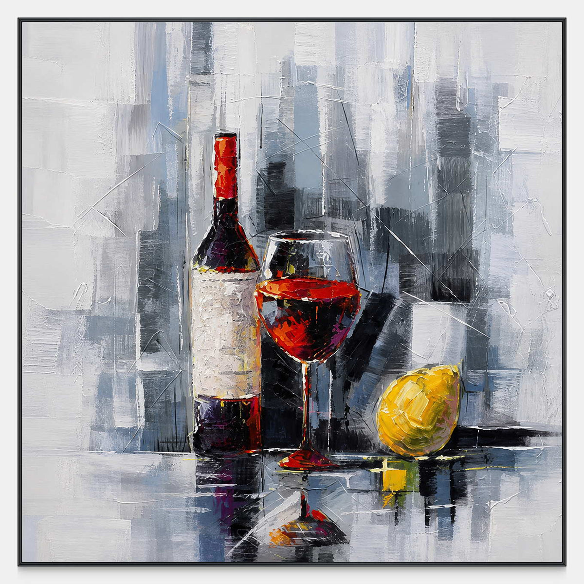 Square textured painting of a wine bottle, red wine glass, and yellow lemon.