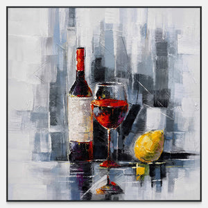 Square textured painting of a wine bottle, red wine glass, and yellow lemon.