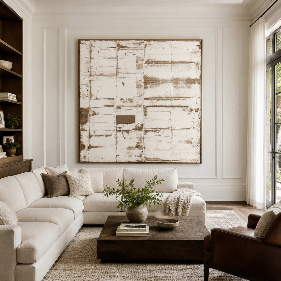 Pale layered abstract in a wood frame above a cream sectional and dark coffee table.