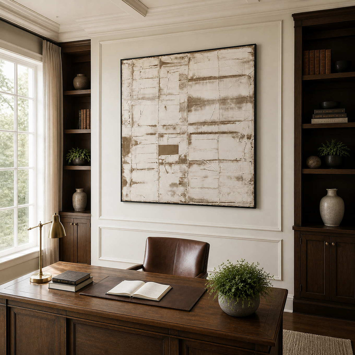 Black-framed pale abstract above a wooden study desk between dark built-in bookshelves.