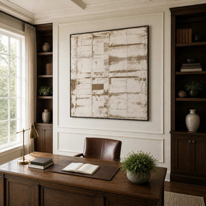 Black-framed pale abstract above a wooden study desk between dark built-in bookshelves.