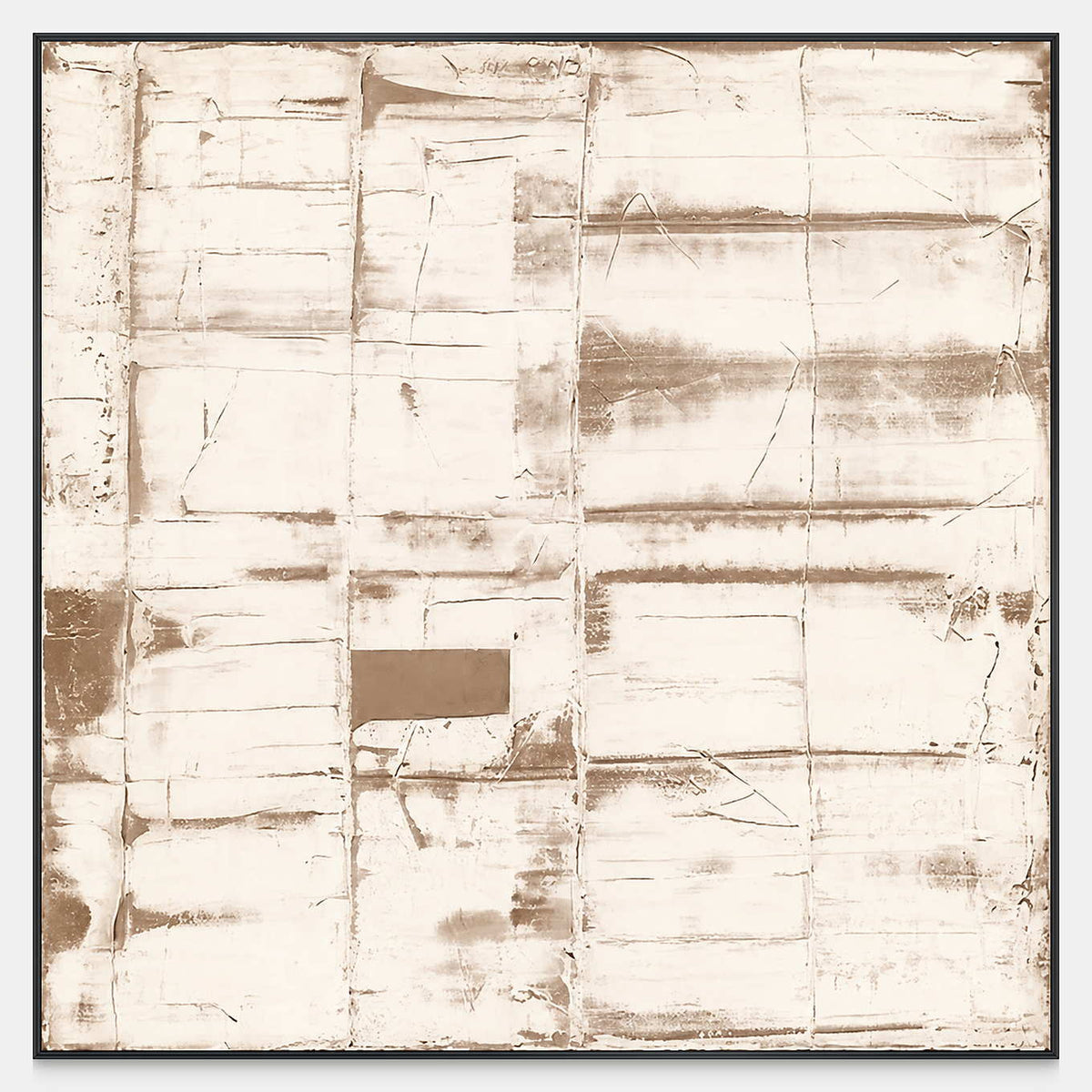Square abstract with pale rectangular strokes, rubbed brown seams, fine scratches and earthy accents.