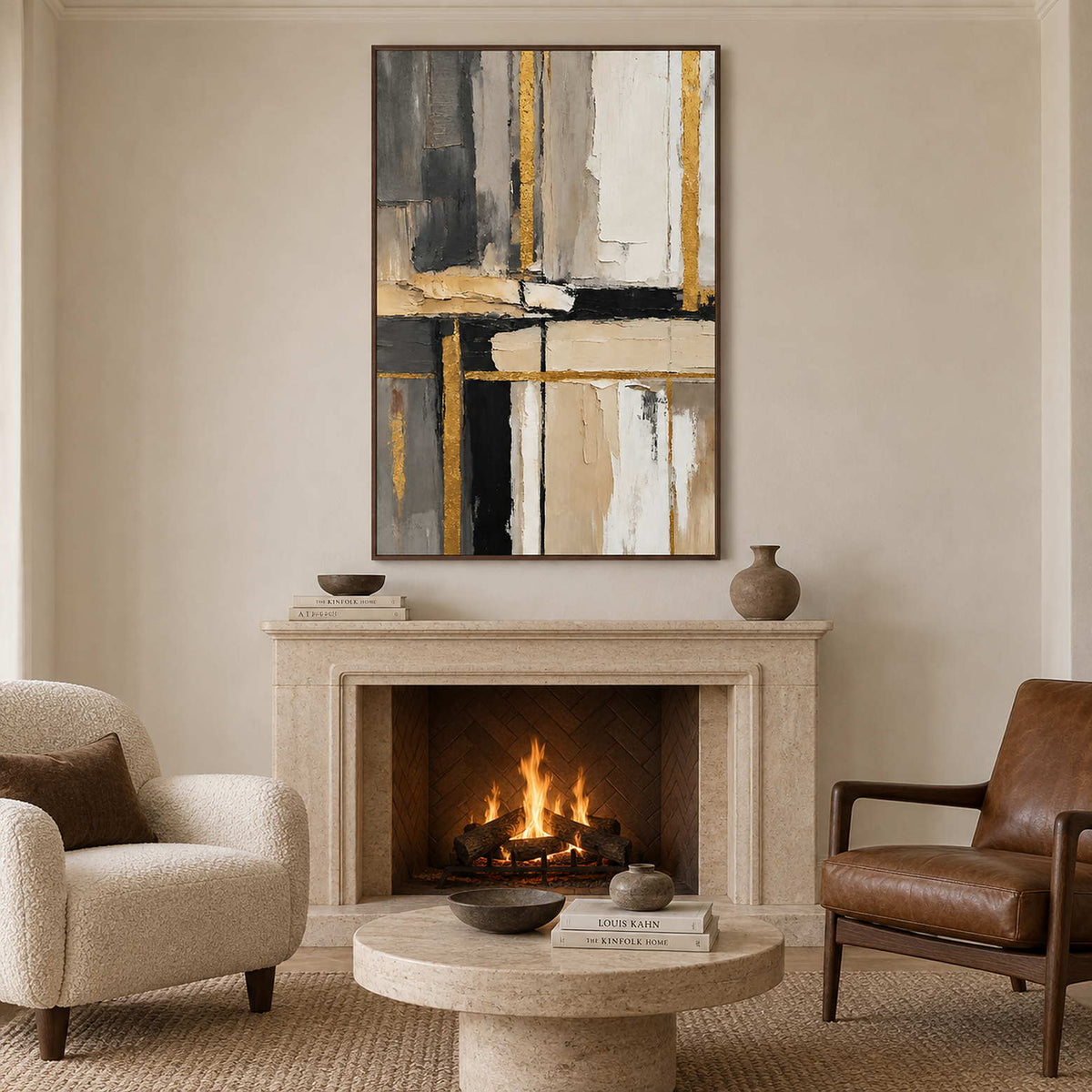 Vertical abstract painting above a pale fireplace between cream and brown armchairs.