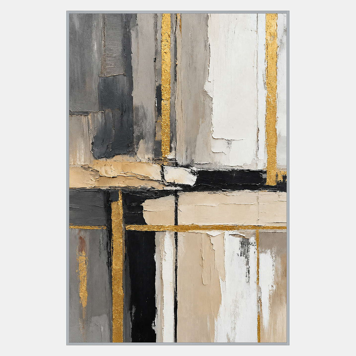Vertical abstract artwork of gray, ivory, beige, and black blocks crossed by narrow golden horizontal and vertical lines.