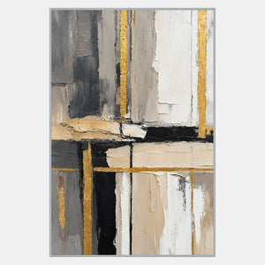 Vertical abstract artwork of gray, ivory, beige, and black blocks crossed by narrow golden horizontal and vertical lines.