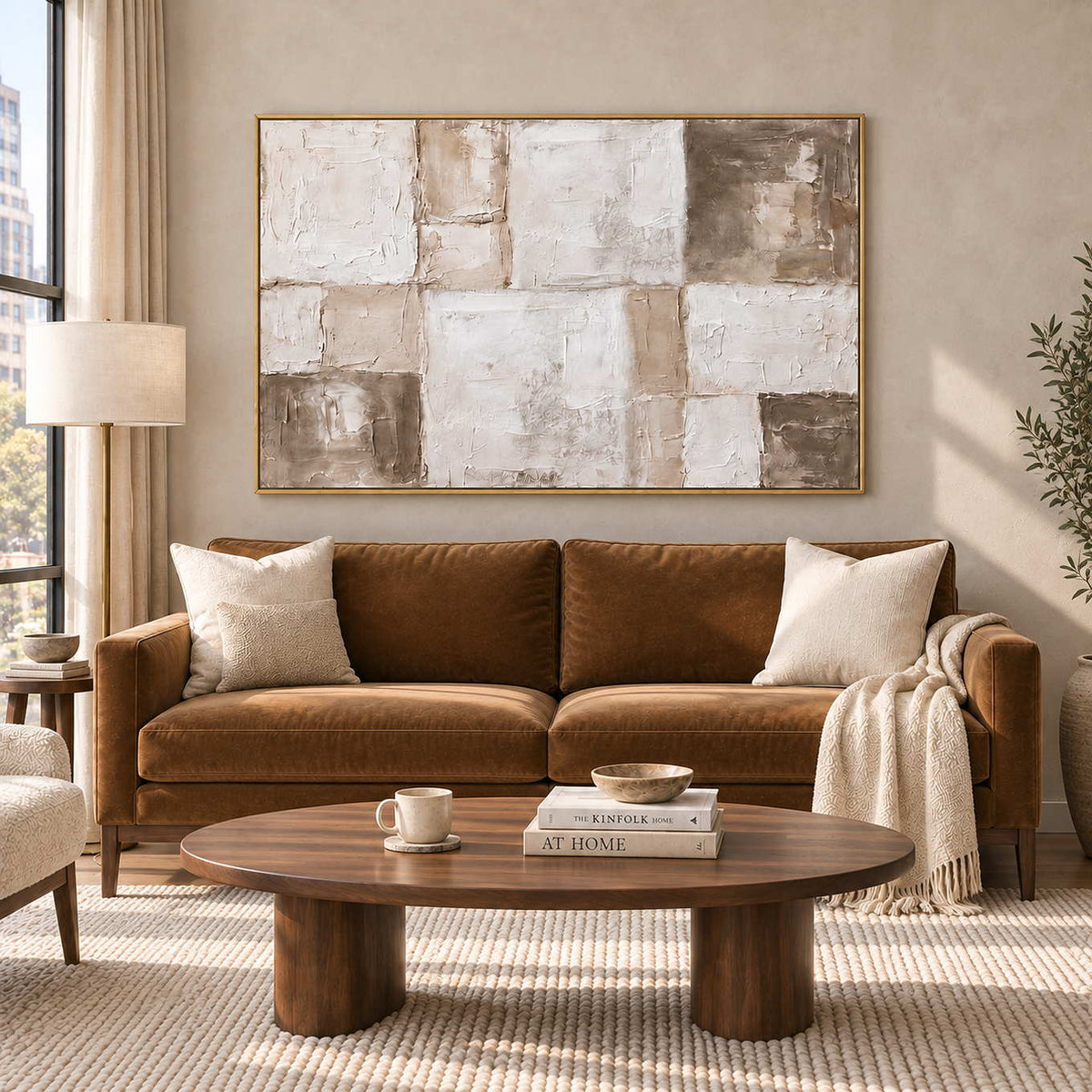 Time in Soft Focus in a gold frame above a brown sofa with cream cushions and an oval wood coffee table.