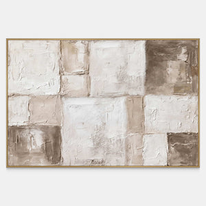 Front view of Time in Soft Focus, with irregular cream and white blocks meeting worn-looking gray-brown textured areas.