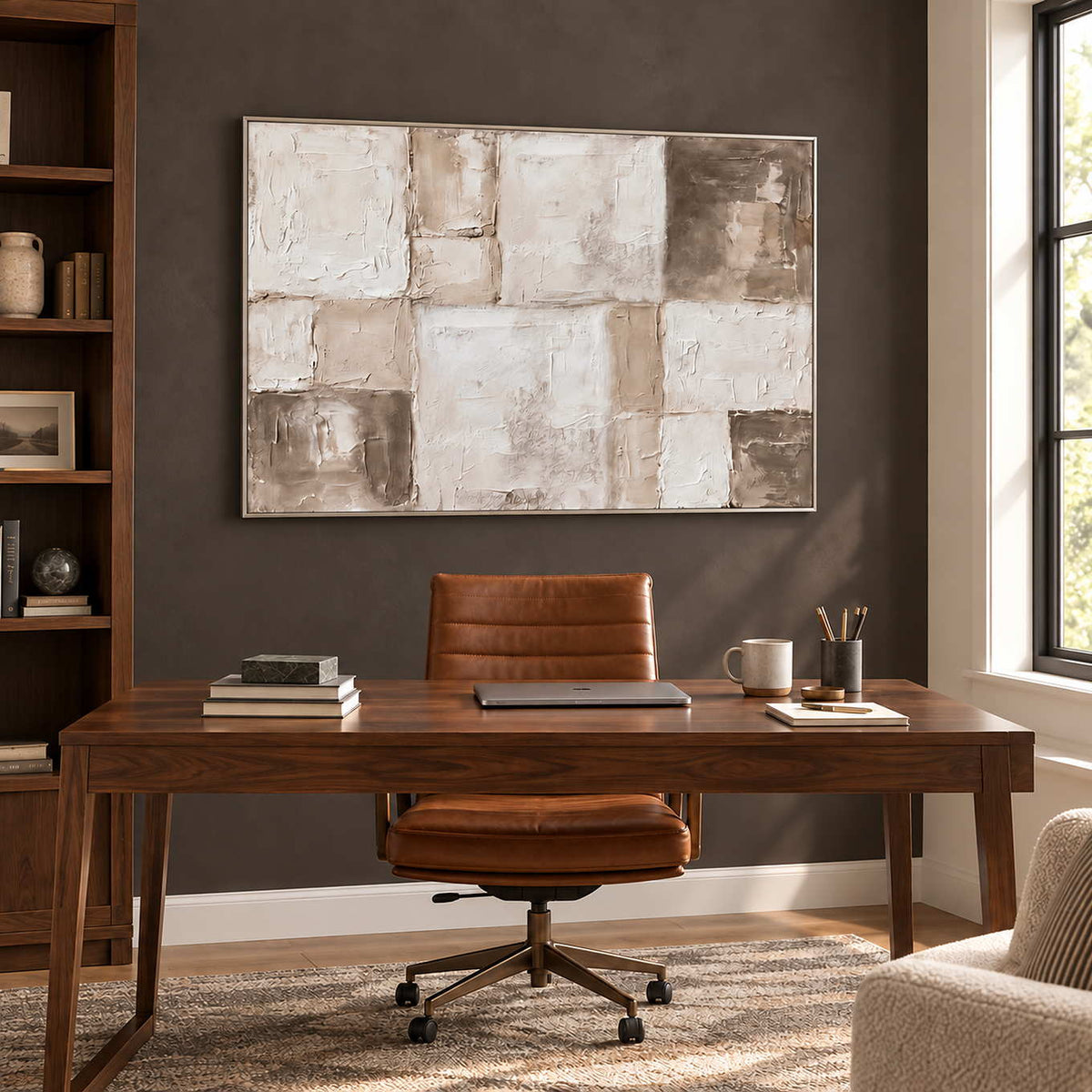 Time in Soft Focus in a silver frame above a wood desk and tan office chair against a brown wall.