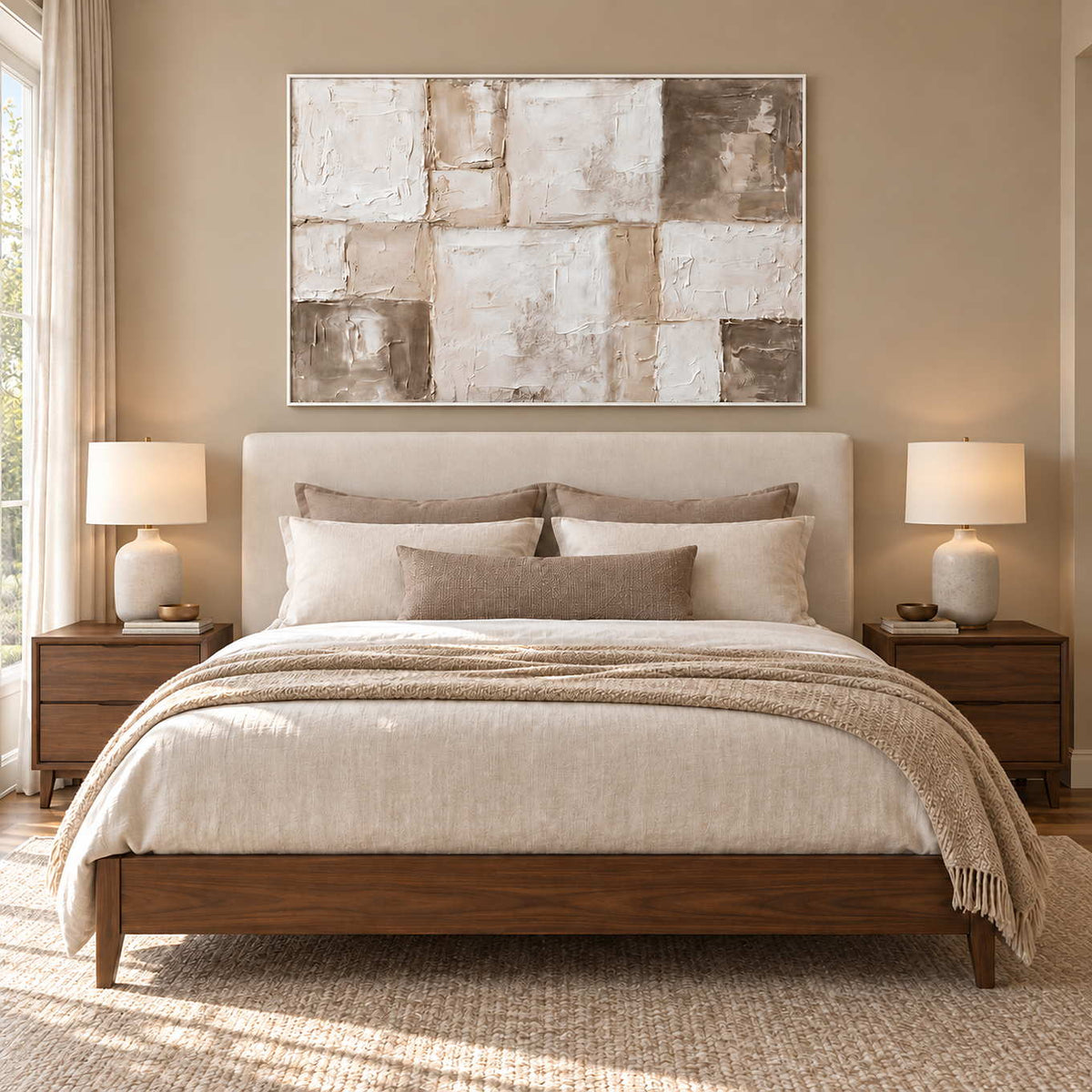 Time in Soft Focus in a white frame above a neutral bed with warm beige layers and wood bedside tables.