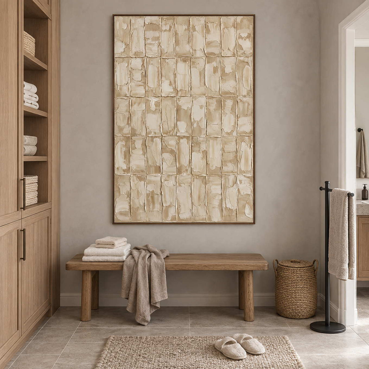 Time in Verse in a wood frame above a bench holding folded towels beside a basket in a bathroom dry area.