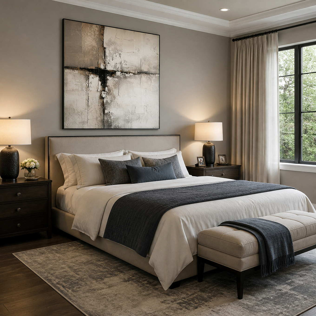 Black framed pale abstract artwork above an upholstered bed with charcoal and cream bedding.
