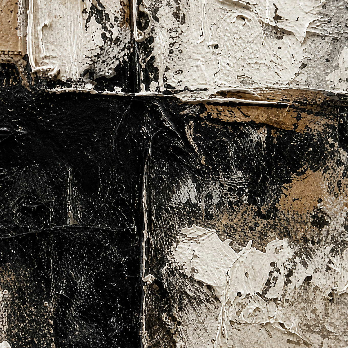 Close view of scraped cream paint, dark crossing marks, taupe layers, and fine surface cracks.