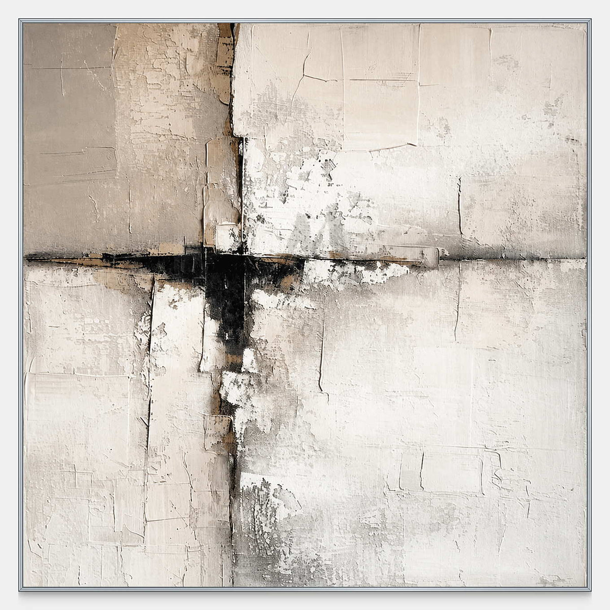 Square off-white and taupe abstract artwork with weathered surfaces and a dark uneven crossing.