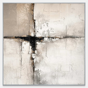 Square off-white and taupe abstract artwork with weathered surfaces and a dark uneven crossing.