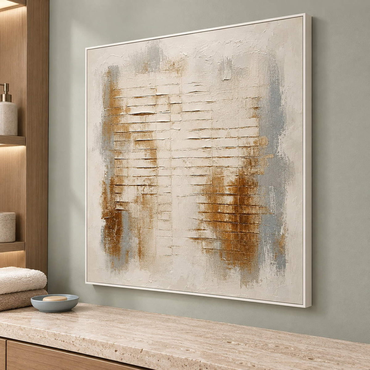 Ivory abstract painting with warm gold patches and horizontal raised lines in a white frame beside a bathroom vanity.
