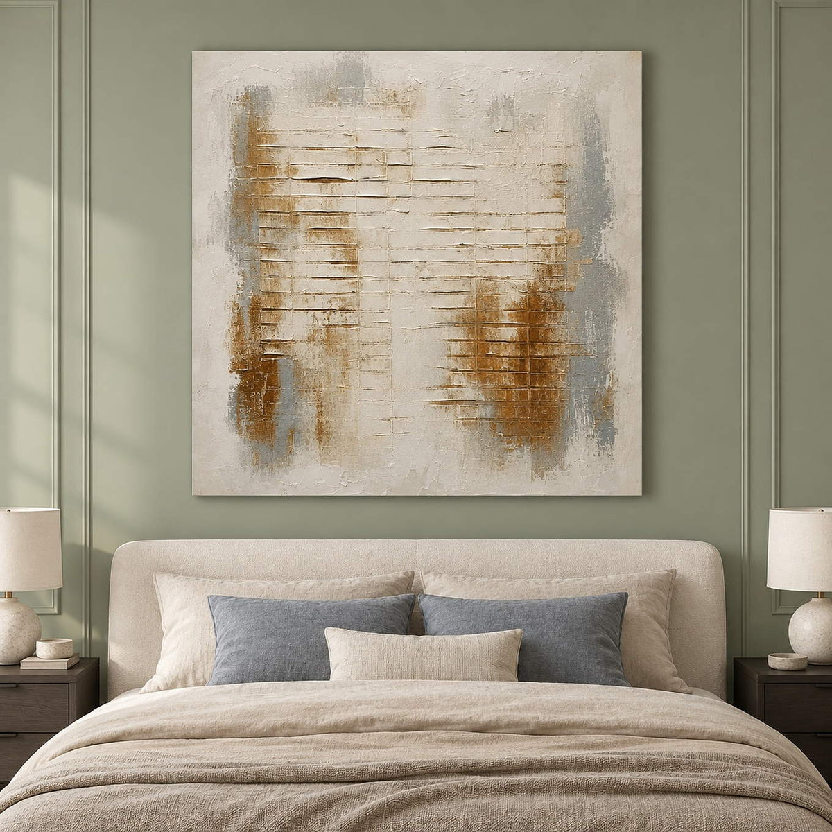Ivory abstract painting with warm gold patches and horizontal raised lines without an outer frame in a bedroom.