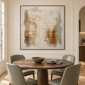 Ivory abstract painting with warm gold patches and horizontal raised lines in a brown wood frame in a dining room.